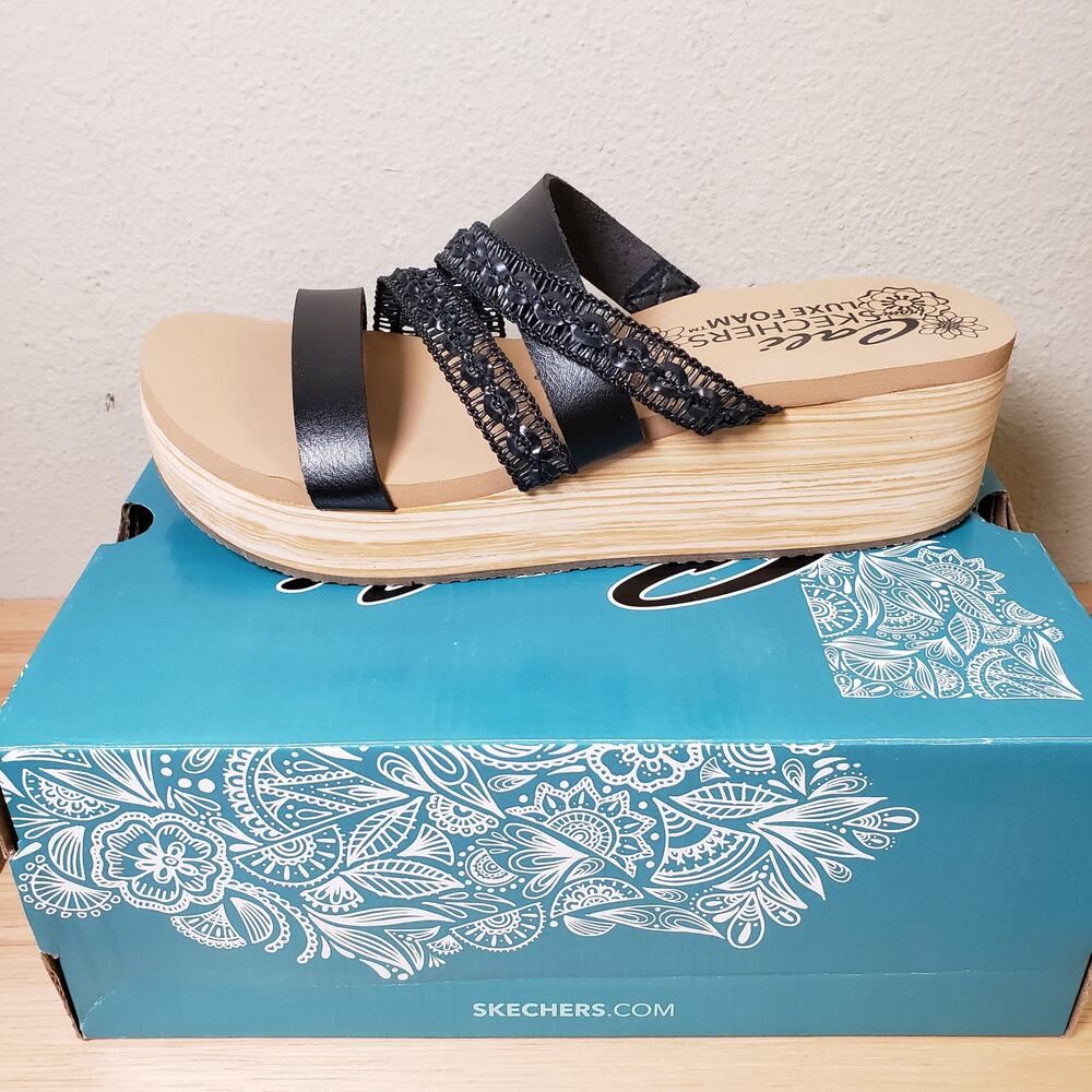Skechers Size 8.5 Summers Strappy Platform Slide Sandal Black Chunky Comfort NWT